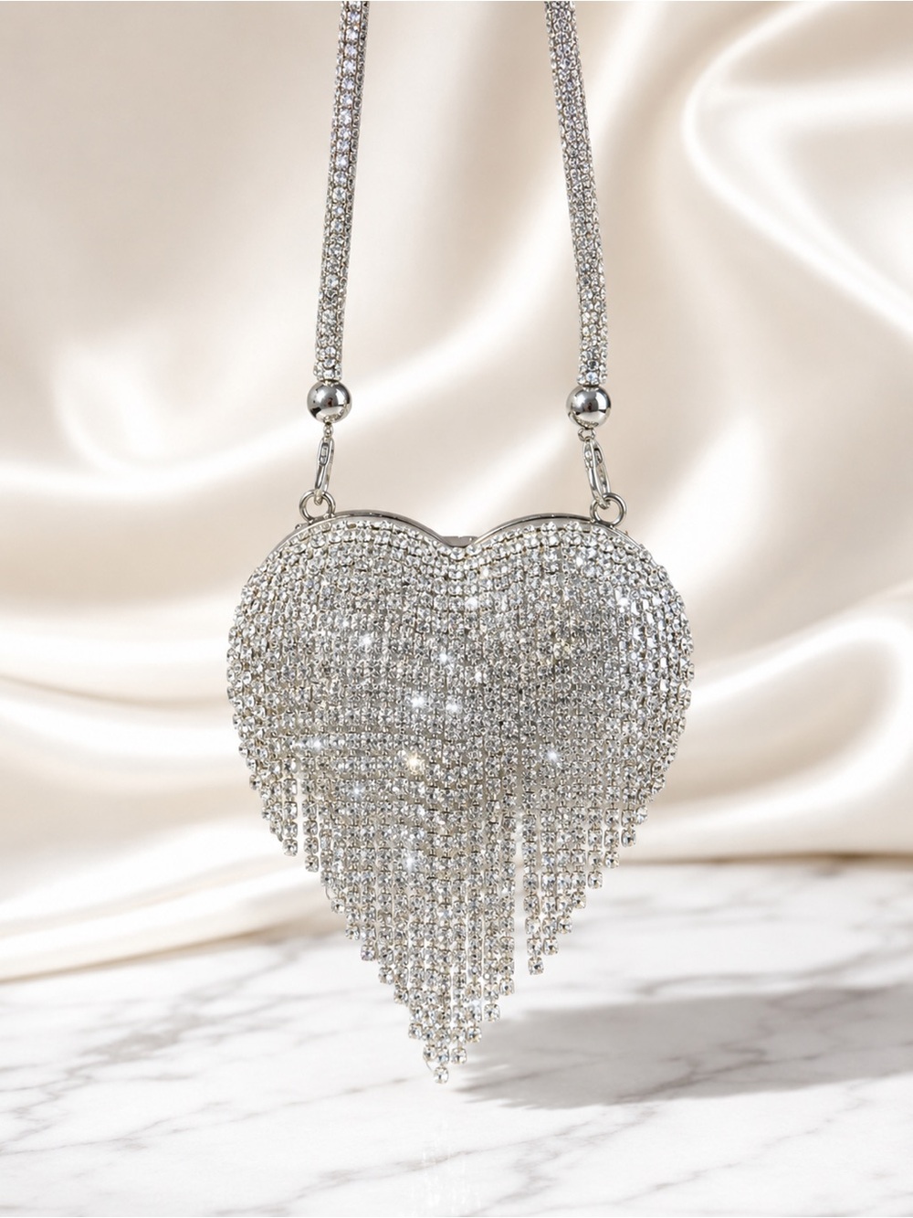 Rhinestone Heart Mini Crossbody Bag Silver Chain Evening Purse - Picture 6 of 7